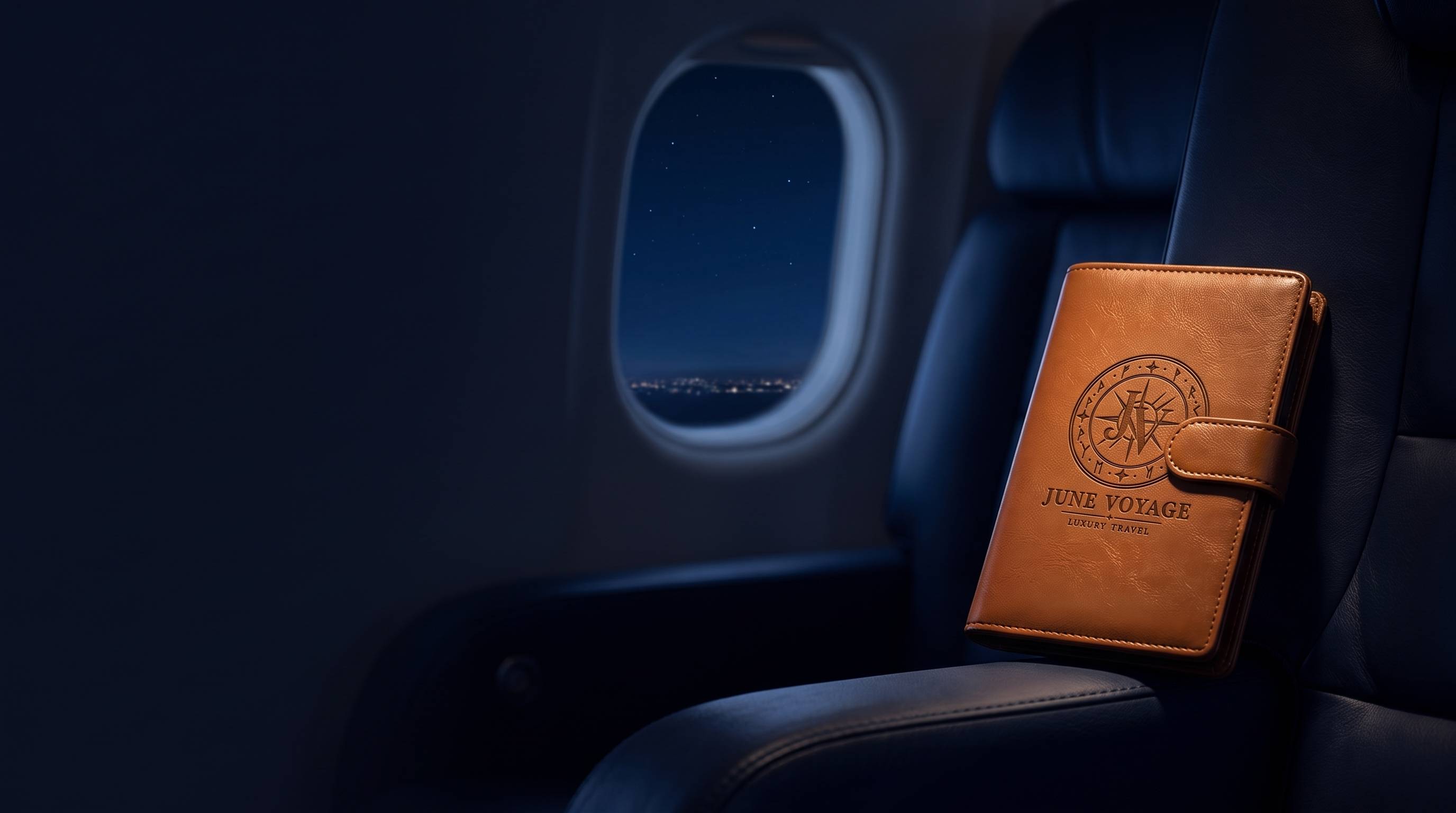 The Voyager passport wallet in cognac leather, debossed with the June Voyage seal, resting on a private jet armrest at night